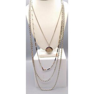 Vintage Multi Strand Locket Necklace with Silver Tone Chains and Floral Design